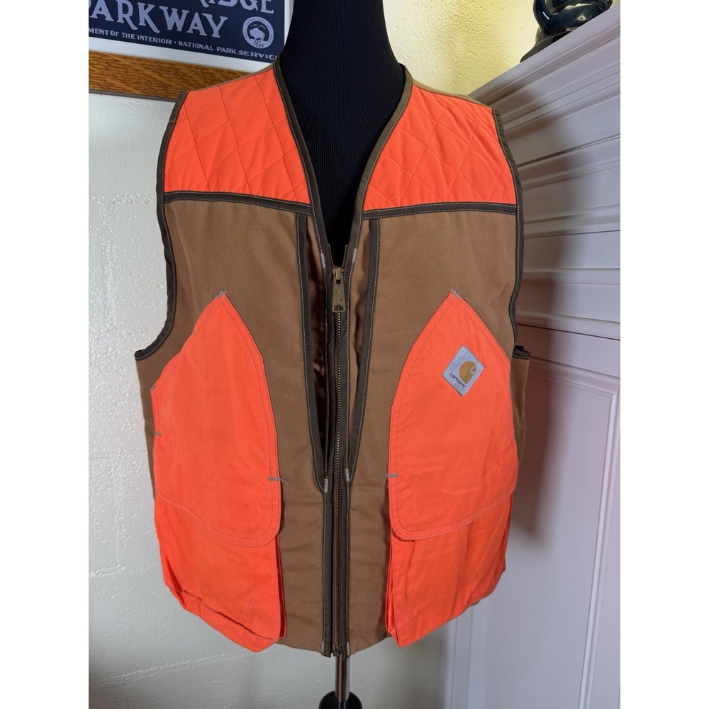 Carhartt VU250 Hunting Vest XL Blaze Orange Brown Game Bag Made USA Vintage